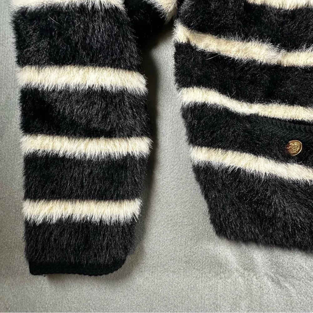 J.Crew Sweater Lady Jacket Striped Brushed Yarn Size XS Gold Button Black/White